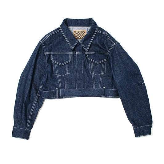 CONTRASTED STITCH BELTED DENIM JACKET