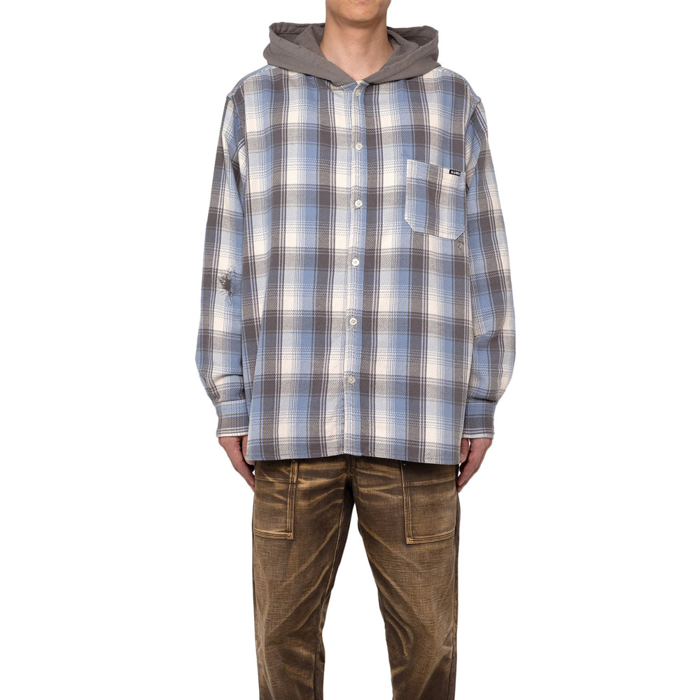 Distressed Check Shirts Hoodie (BLUE)