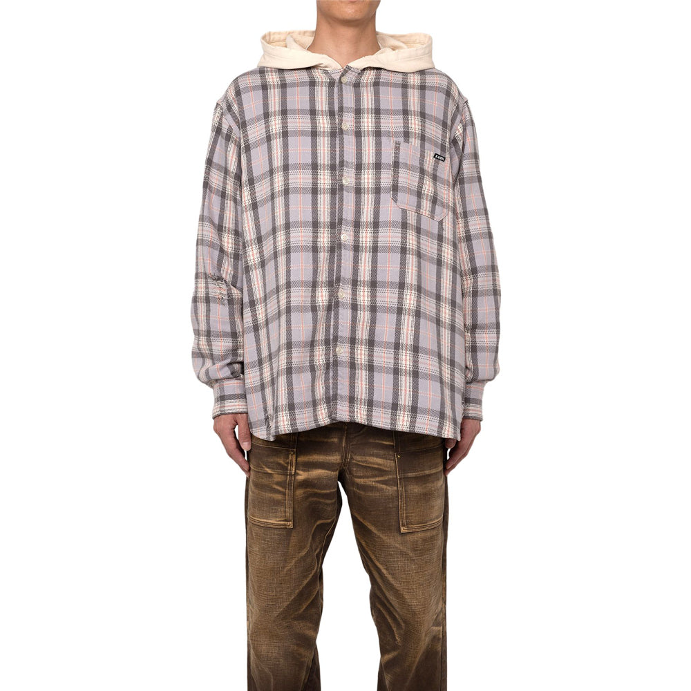 Distressed Check Shirts Hoodie (GRAY)