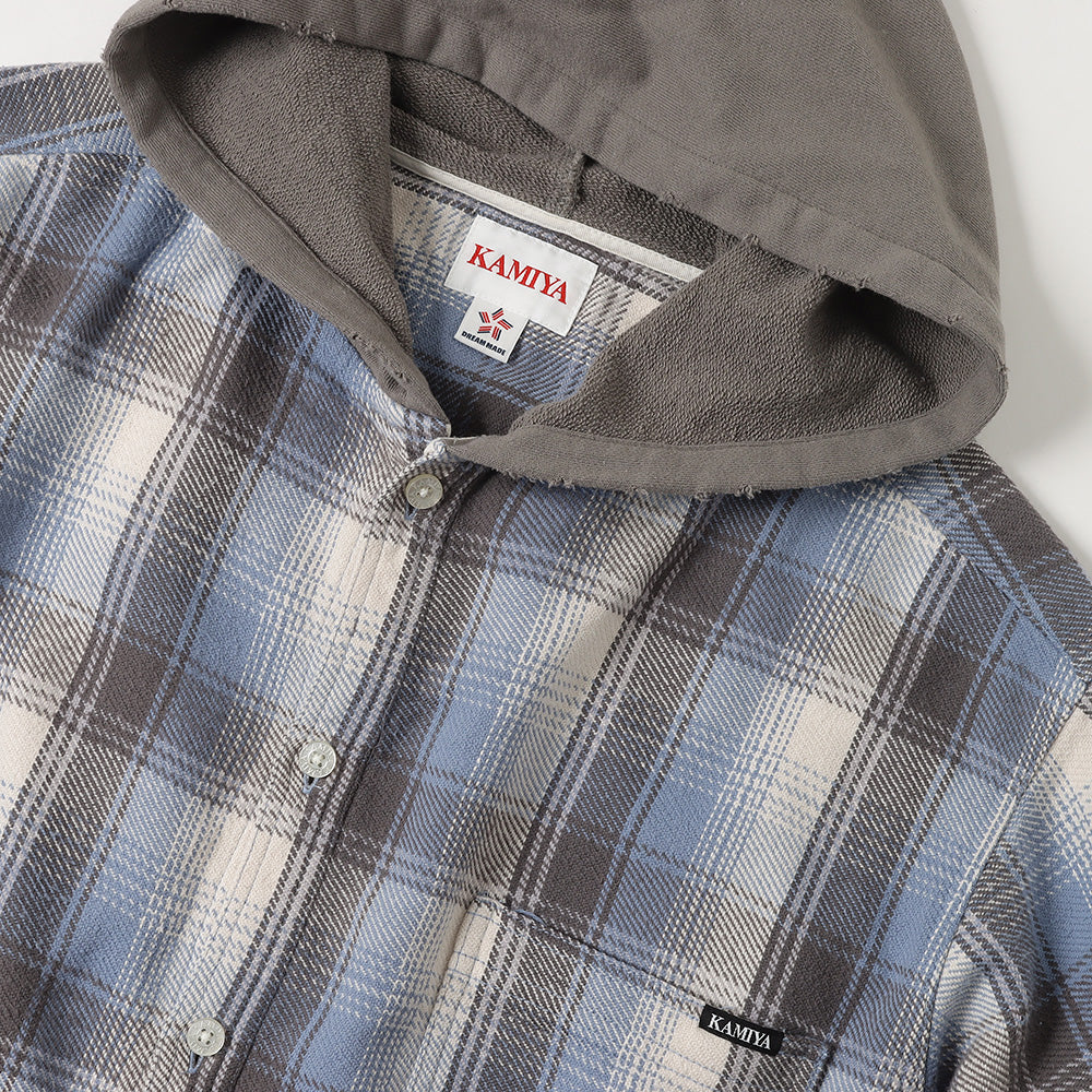 Distressed Check Shirts Hoodie (BLUE)