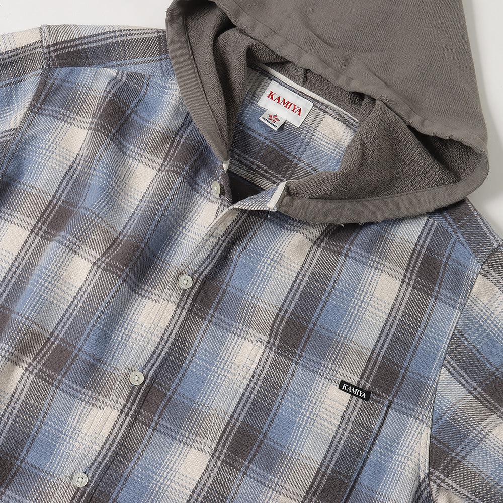 Distressed Check Shirts Hoodie (BLUE)