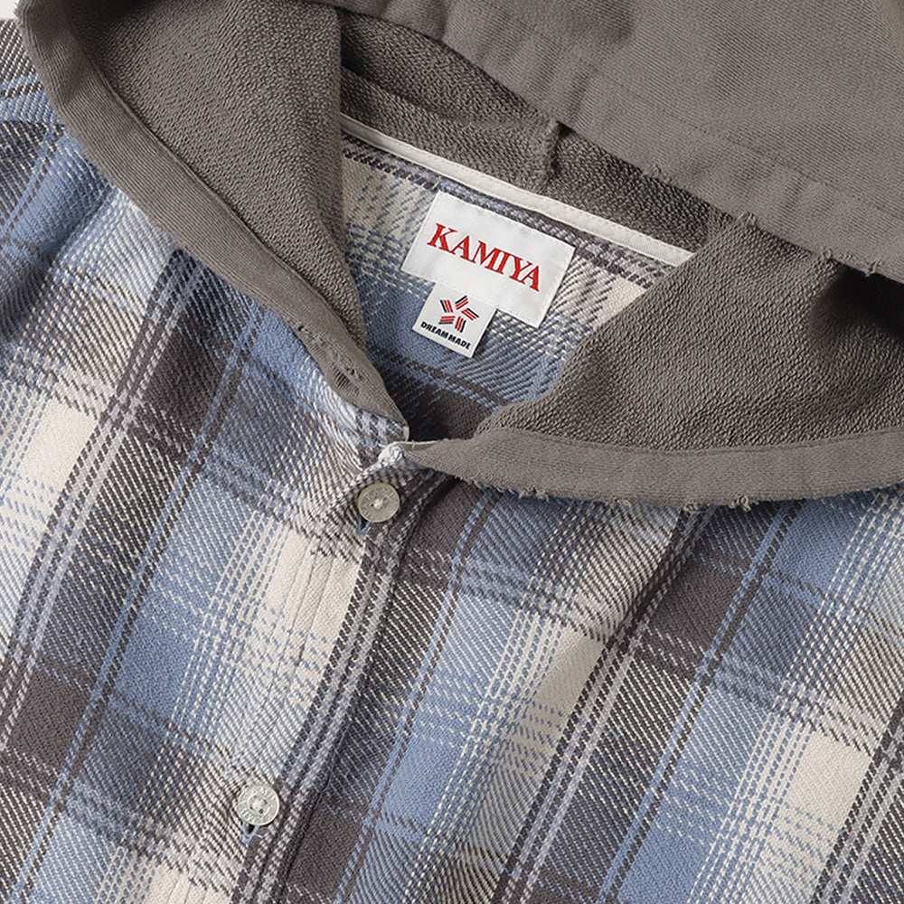 Distressed Check Shirts Hoodie (BLUE)