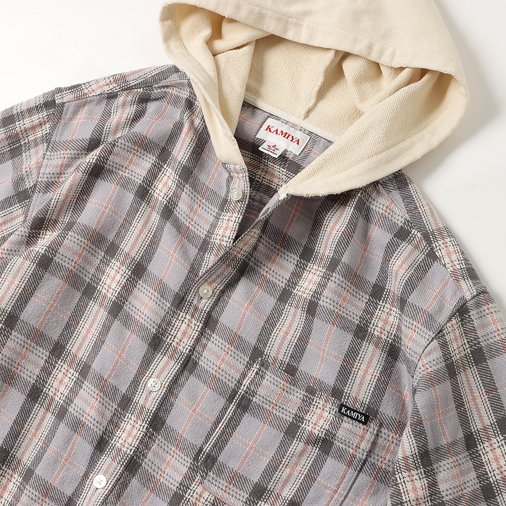 Distressed Check Shirts Hoodie (GRAY)